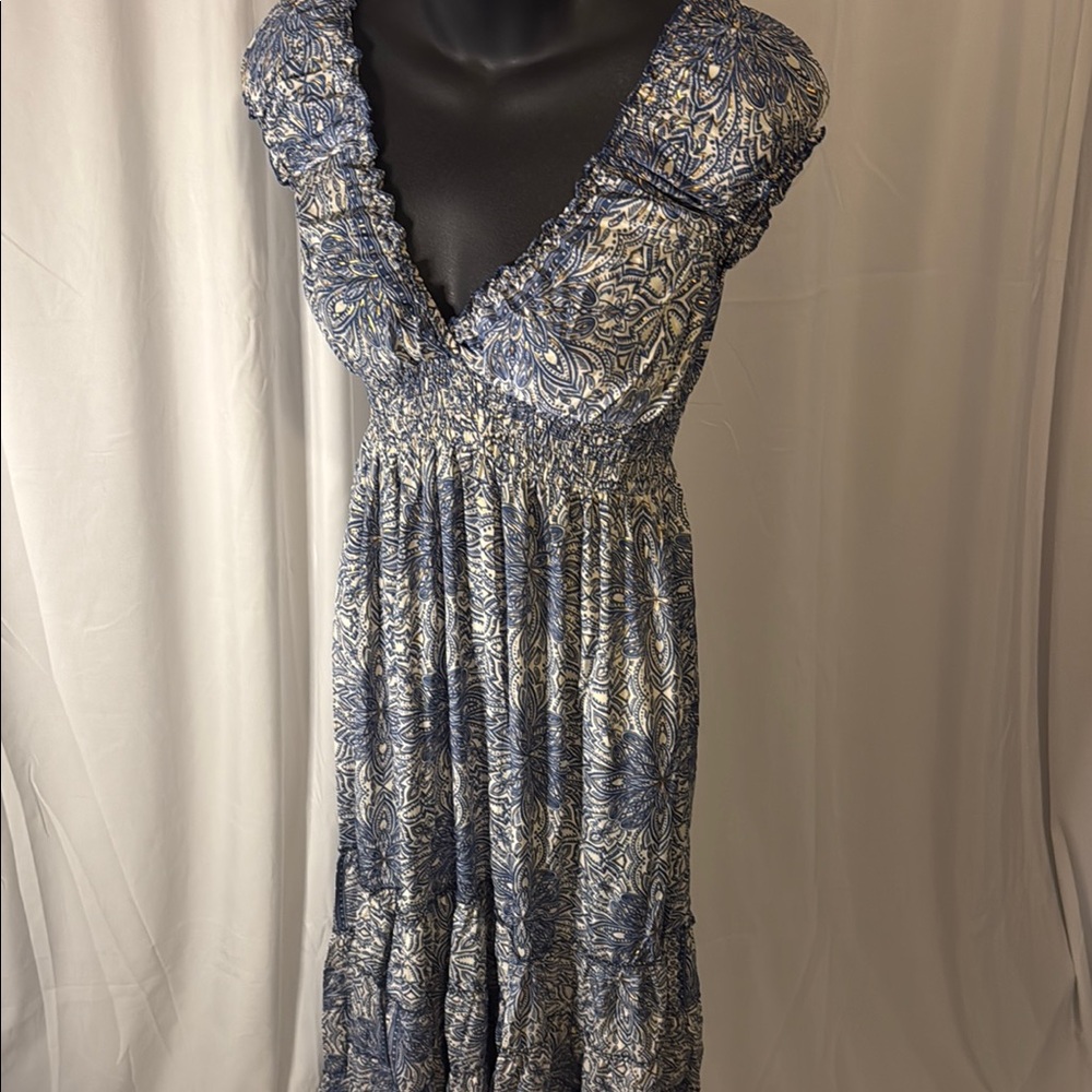Blue and White Ruched Maxi Sundress with Flutter Cap Sleeves